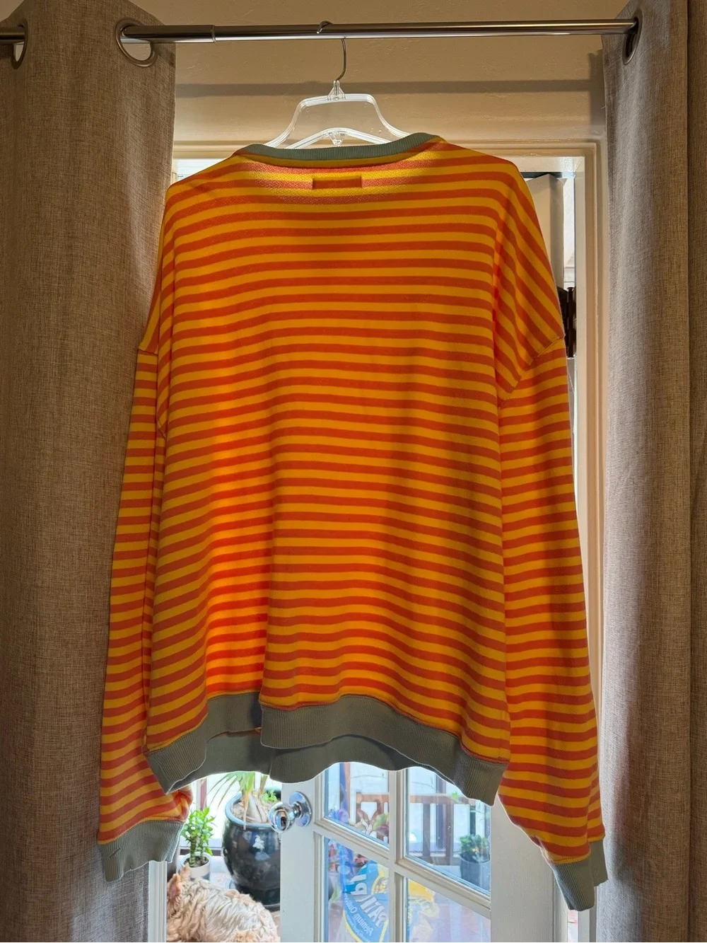 We The Free Orange & Yellow Striped Crewneck Sweater with blue trim size medium